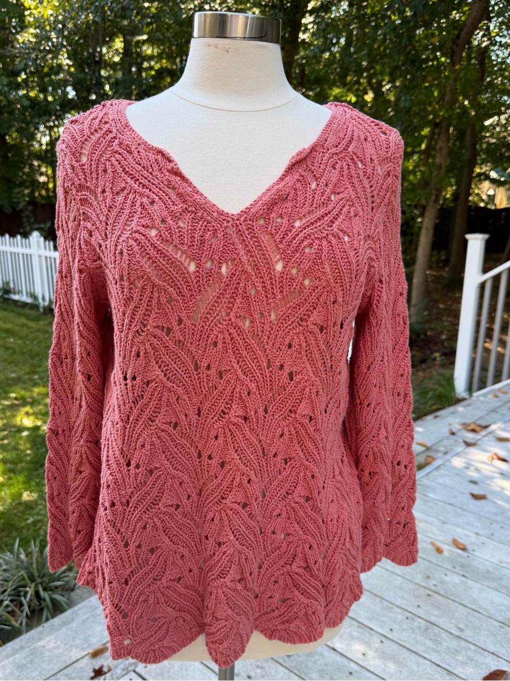 J. Jill Rose-Pink Openwork V-Neck Sweater